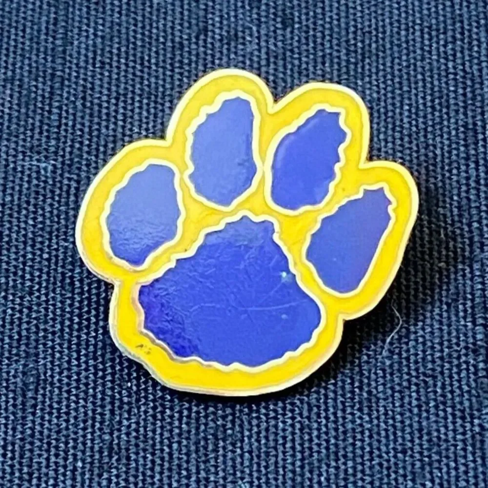 Award Pin Purple and Yellow Enamel Gold Tone Paw Print School Mascot VINTAGE